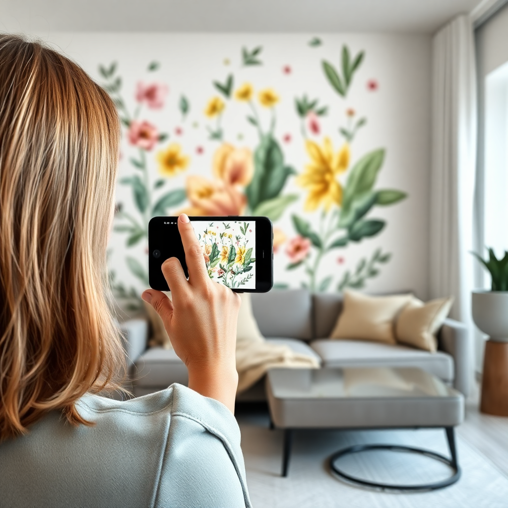 Femme utilisant la réalité augmentée pour visualiser un papier peint