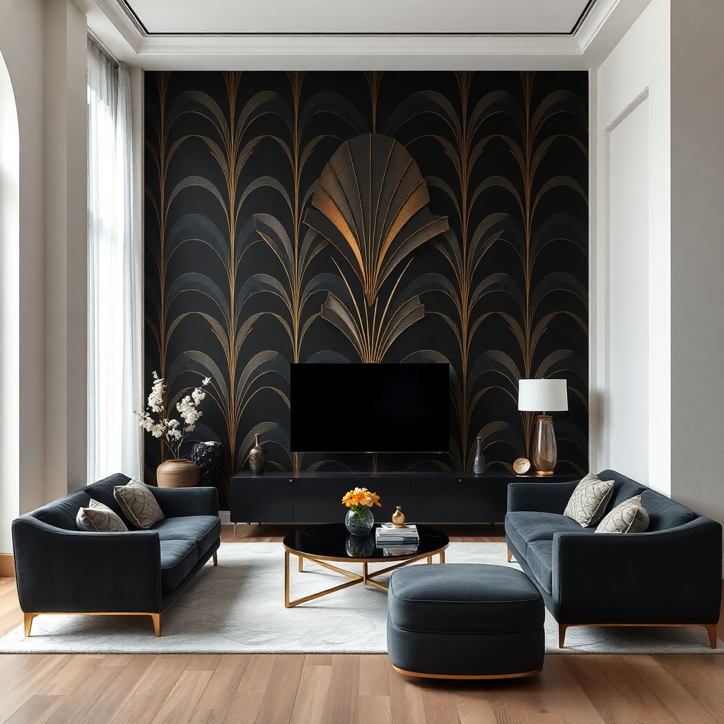 Salon avec papier peint noir et doré art déco