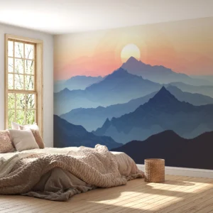 Papier Peint Montagnes Bleues Coucher de Soleil Panoramique