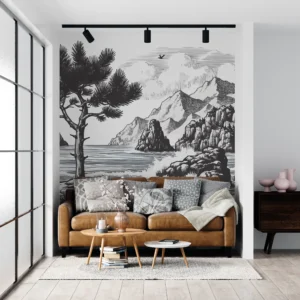 Papier Peint Paysage Maritime Montagneux Style Gravure Vintage Noir et Blanc