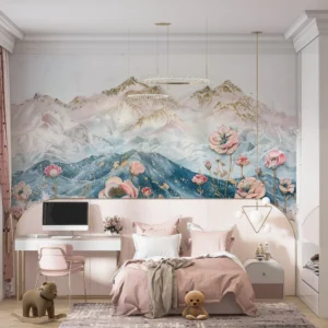 Papier peint montagnes pastels avec fleurs roses romantiques aquarelle