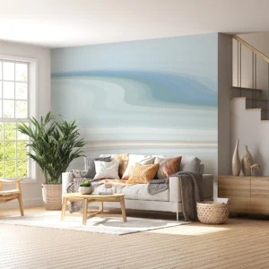 Papier Peint Abstrait Vagues Océaniques Bleu Pastel Moderne