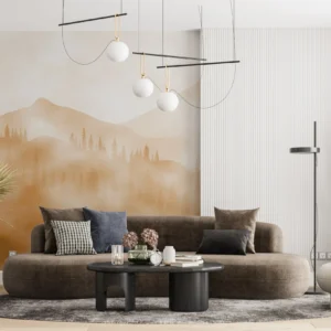 Papier Peint Panorama Montagnard Forêt de Conifères Ambiance Dorée