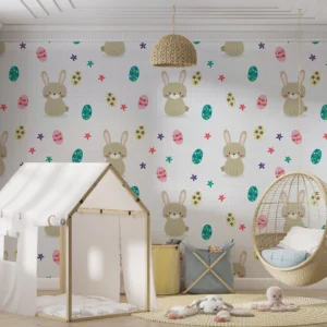 Papier peint enfantin lapins de Pâques et œufs colorés