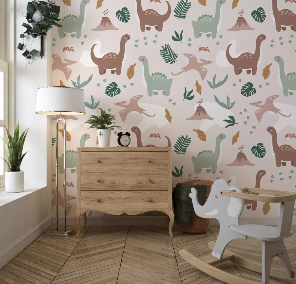 Papier Peint Enfantin Dinosaures Scandinave Pastel - Main - AURAMUR Papier Peint Enfantin Dinosaures Scandinave Pastel – Main