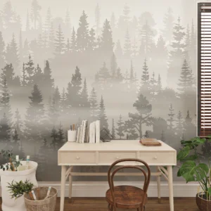 Papier Peint Forêt de Conifères dans la Brume Matinale