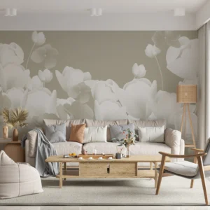 Papier Peint Floral Monochrome Tulipes Blanches Style Romantique