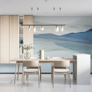 Papier Peint Paysage Montagneux Tons Bleus et Blancs Nuancés