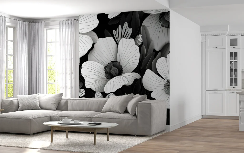 Papier Peint Floral Élégant Noir et Blanc - Main - AURAMUR Papier Peint Floral Élégant Noir et Blanc – Main