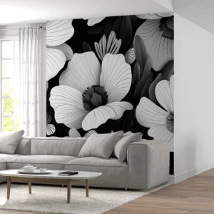 Papier peint tropical noir et blanc hibiscus grandes fleurs