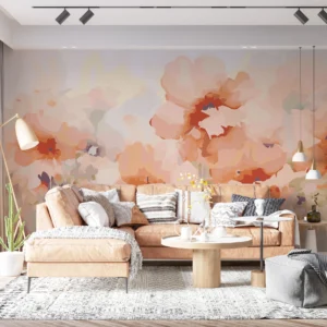 Papier peint aquarelle fleurs oranges et roses style bohème