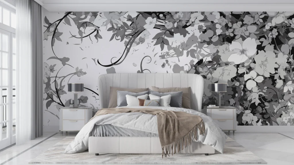 Papier Peint Floral Scandinave Gris Clair Élégant - Main - AURAMUR Papier Peint Floral Scandinave Gris Clair Élégant – Main