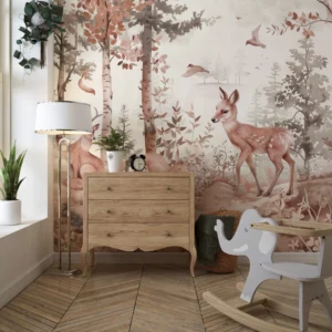 Papier peint forêt enchantée avec animaux et feuillage automnal