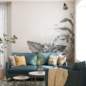 Papier peint tropical noir et blanc avec papillons et végétation luxuriante