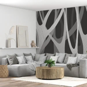 Papier peint branches stylisées effet 3D gris et blanc moderne