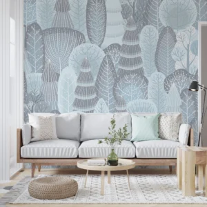 Papier peint forêt enchantée motifs arbres stylisés bleu gris