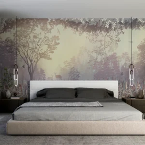 Papier peint forêt enchantée coucher de soleil tons pastel vintage