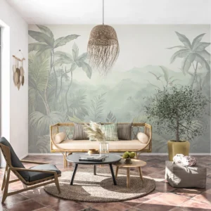 Papier Peint Panoramique Jungle Tropicale avec Montagnes Brumeuses