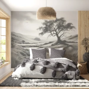 Papier peint paysage pastoral noir et blanc avec arbre majestueux