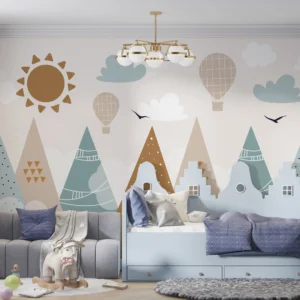 Papier peint enfant montagnes et montgolfières style scandinave doux