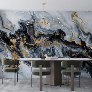 Papier Peint Marbre Fluide Noir Blanc Or Luxueux Abstrait