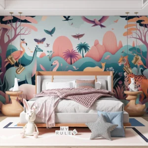 Papier peint jungle tropicale pastel avec animaux exotiques