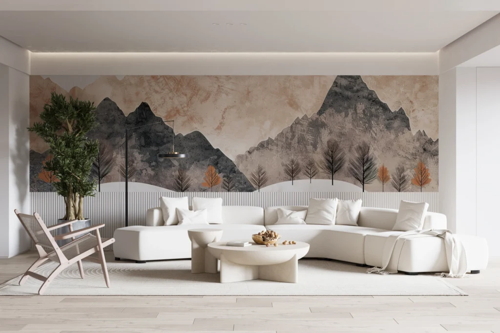 un mur d'accent avec du papier peint dans un salon moderne