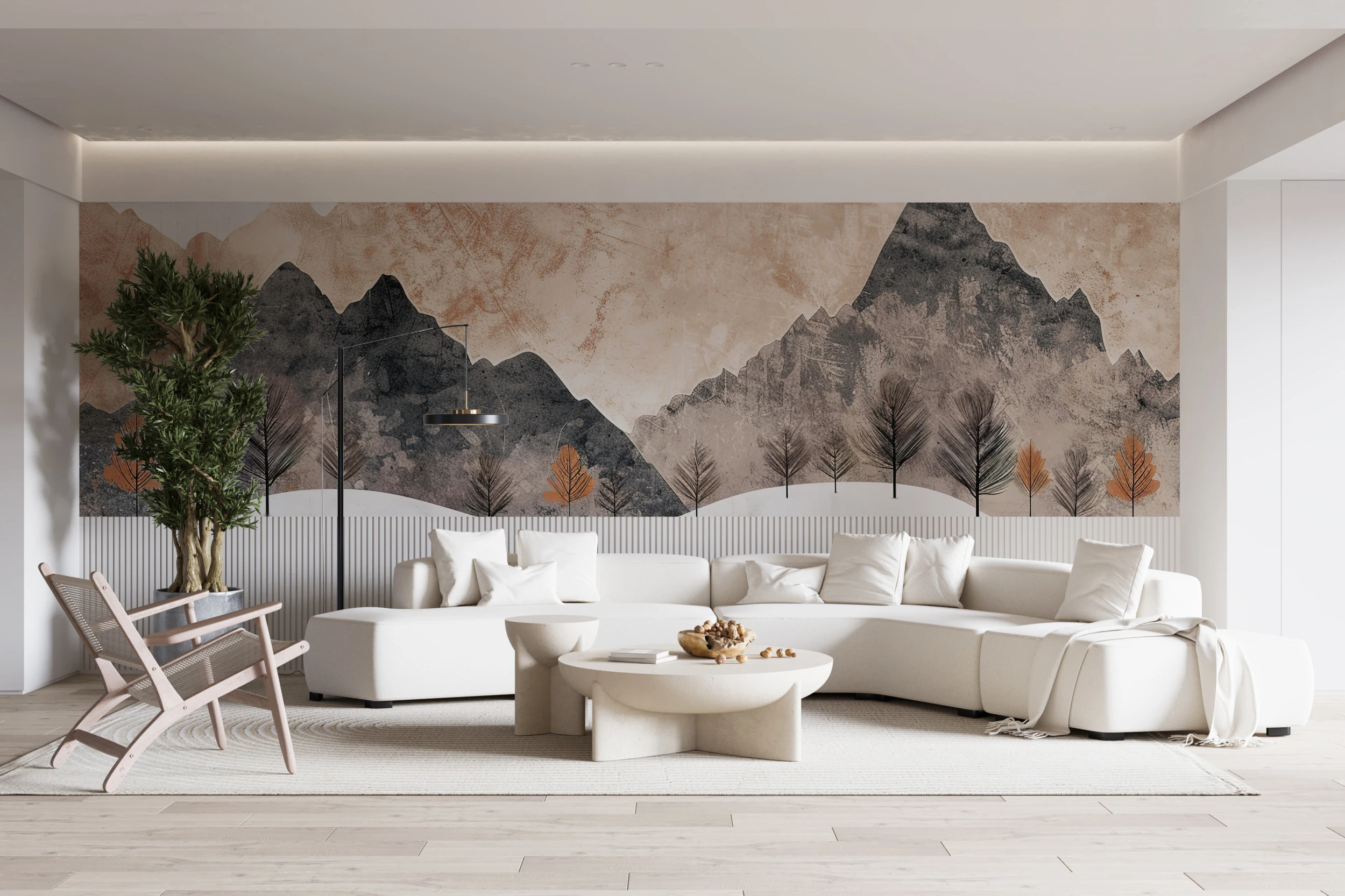 Papier Peint Montagneux Moderne Minimaliste - Gallery - AURAMUR un mur d'accent avec du papier peint dans un salon moderne