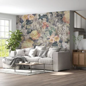 Papier peint floral vintage aux roses pastel et feuillages texturés