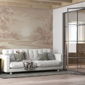 Papier peint paysage romantique cascade et forêt tons sépia