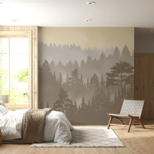 Papier Peint Forêt de Conifères dans la Brume Matinale