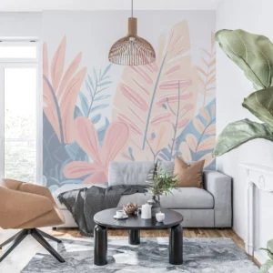 Papier peint tropical moderne avec feuillages stylisés corail et bleu