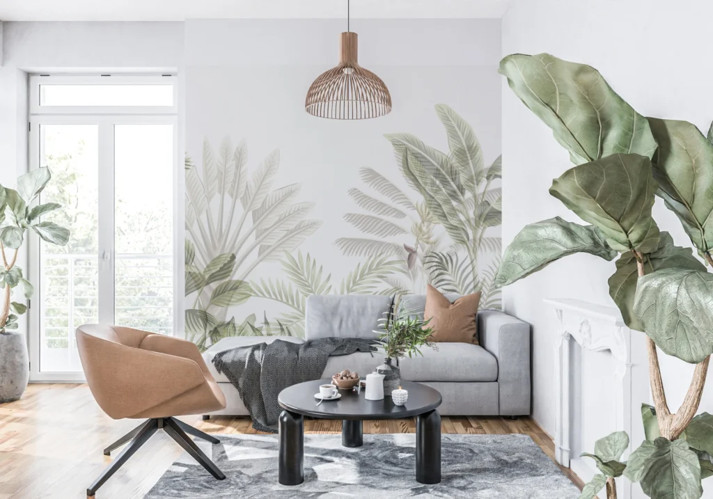 Papier Peint Tropical Pastel Feuillage Exotique - Main - AURAMUR Papier Peint Tropical Pastel Feuillage Exotique – Main