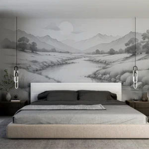 Paysage montagneux en noir et blanc avec rivière serpentine