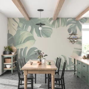 Papier peint tropical feuilles de monstera sur fond beige