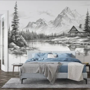 Paysage montagnard en noir et blanc avec chalet au bord du lac