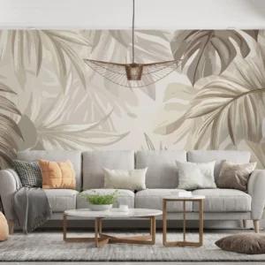 Papier peint tropical beige avec feuillages exotiques naturels vintage