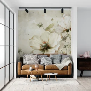 Papier peint floral vintage aux grandes fleurs blanches délicates