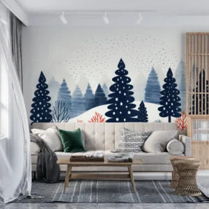 Papier Peint Forêt Hivernale Enneigée Style Scandinave Bleu