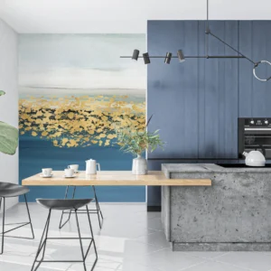 Papier Peint Abstrait Océan Bleu Doré Effet Vagues Dorées