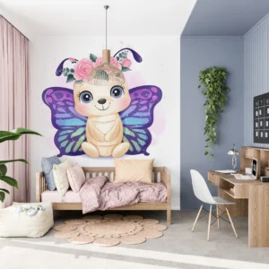 Papier Peint Bébé Papillon Fantaisie avec Couronne de Fleurs Roses