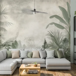 Papier peint jungle tropicale vintage aux tons vert pastel