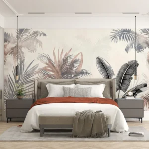 Papier peint jungle tropicale tons beiges et gris naturels