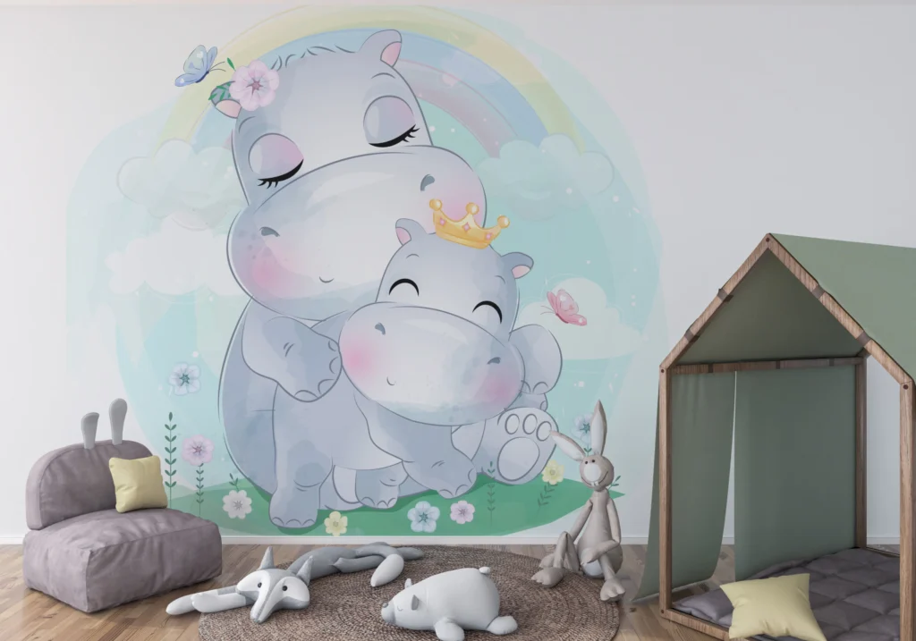 Papier Peint Animaliers Hippopotames Doux pour Enfants - Main - AURAMUR Papier Peint Animaliers Hippopotames Doux pour Enfants – Main