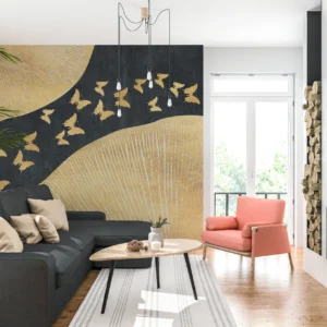 Papier peint élégant papillons dorés sur fond noir texturé