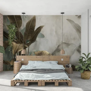 Papier peint tropical luxueux aux feuilles dorées et beiges