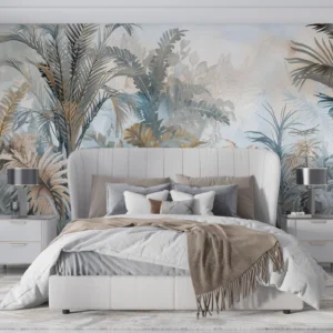 Papier peint jungle tropicale aquarelle tons poudrés et dorés