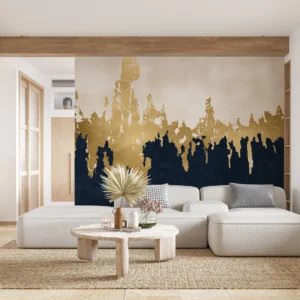 Papier Peint Abstrait Dégradé Doré et Bleu Marine Effet Encre