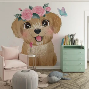 Papier Peint Chiot Adorable avec Couronne de Roses Roses