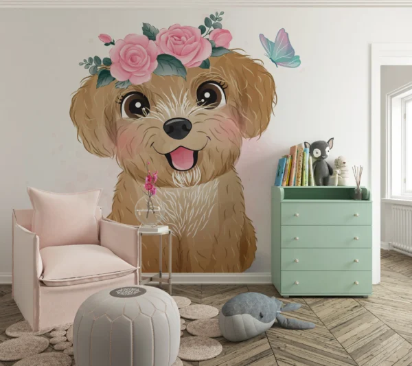Papier Peint Enfantin Chiens Teckel Bleu Clair – Main